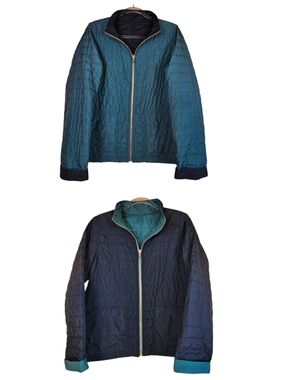 Layfayette 148 Garcia Reversible Quilted Jacket in Teal and Navy With Gold Zip